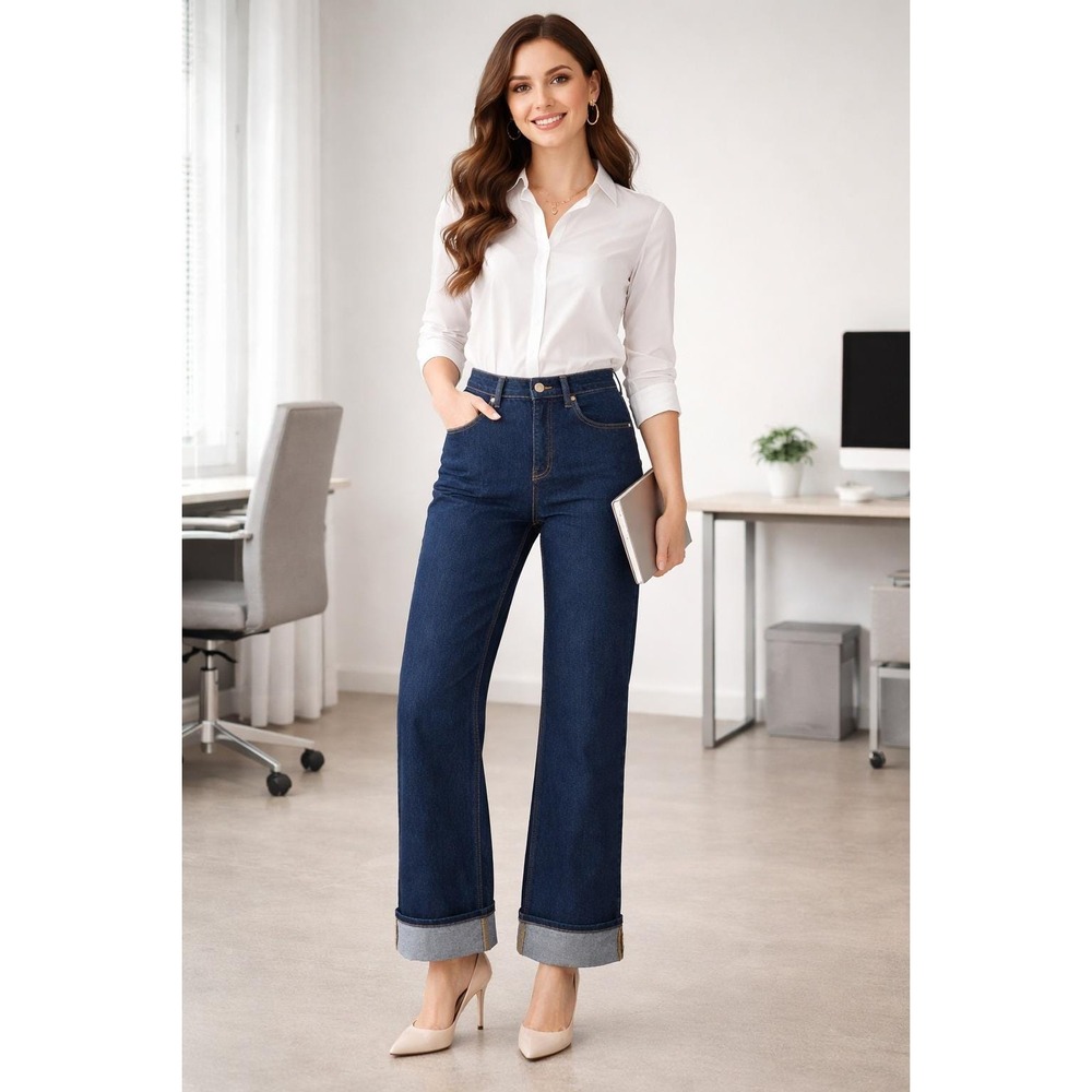 Nine West Jeans Wide Leg Pants Womens 12 Dark Blue New Cuffed High Rise Denim - Picture 2 of 11